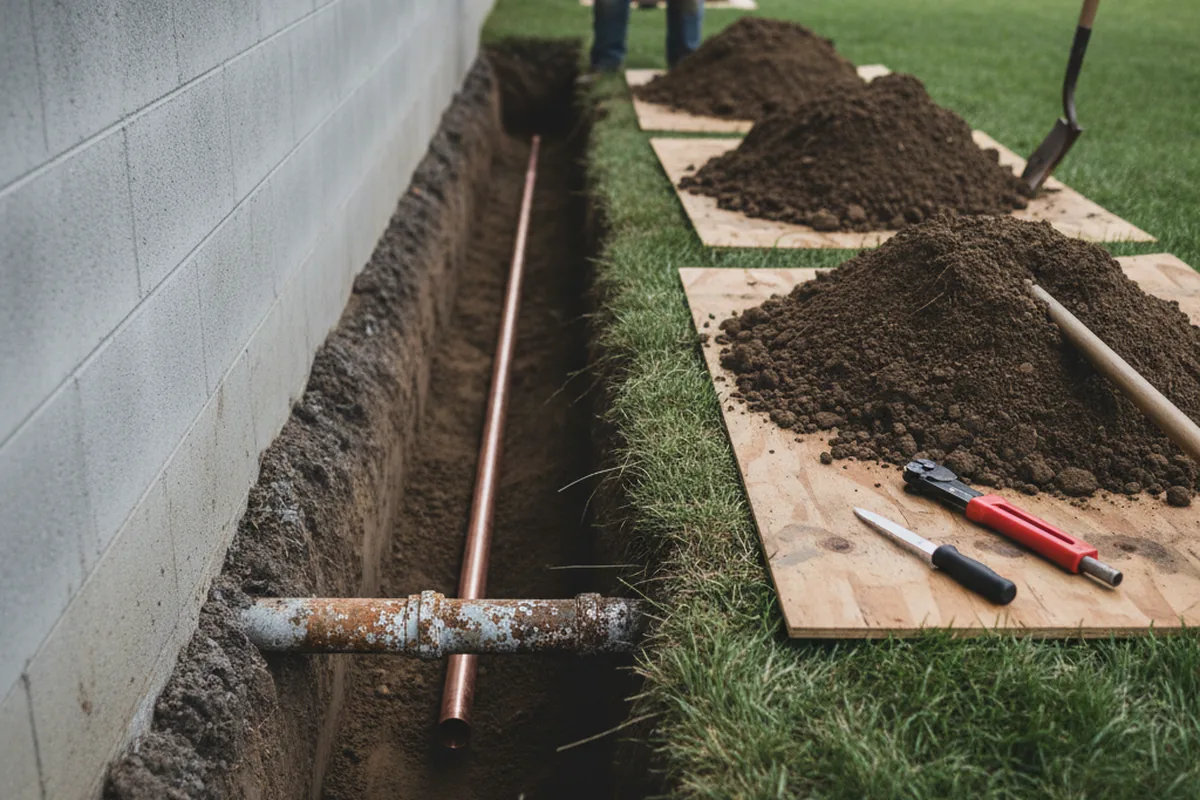 Excavated water line trench during Water Softener Installation in Arden